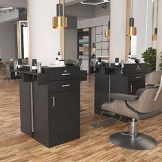 the interior of a hair salon with chairs and mirrors