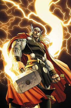 a man dressed as thor with lightning in the background and his hands on his hips