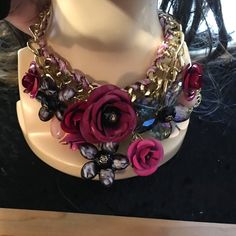 Luxury Statement Bib Necklace, Luxury Gold-plated Statement Necklaces, Luxury Ornate Statement Necklace, Gold Flower-shaped Costume Jewelry Necklace, Luxury Multi-strand Statement Necklace, Pink Heart Necklace, Molecule Necklace, M Necklace, Floral Statement Necklace