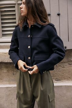 GOLD BUTTON SOFT TOUCH JACKET - Navy blue | ZARA United States Navy Blue Jacket Outfit Women, Blue Navy Jacket Outfits, Navy Jacket Outfits For Women, Navy Blue Jacket Women, Zara Jackets Women, Wool Short Coat, Navy Blue Coat