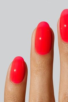 Cherry Jello Nails, Cherry Red Jelly Nails, Pink Red Nail Color, Orange Fingernails, Cherry Pink Nails, Coral Red Nails, Bright Nail Ideas, Jelly Manicure, Red Pink Nails