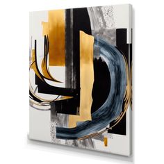 an abstract painting with gold, black and white colors on the canvas is displayed in front of a white wall