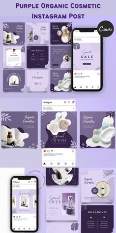 the purple and white website design is displayed on an iphone, with multiple screens showing different items