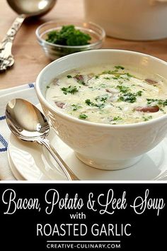 broccoli, potato and leek soup with roasted garlic in a white bowl