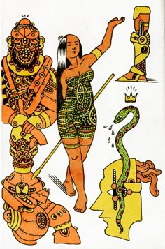 an image of a woman and two men in native american clothing with snakes around her