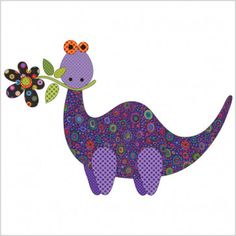 a purple dinosaur with flowers in its mouth