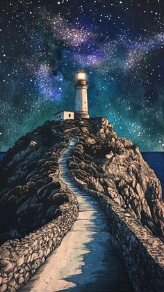 Majestic lighthouse on mountain with curved road to the top - clear night with starry sky.  #lighthouse #mountains #road #night #sky #starry Phone Wallpaper, Ships, Road, Iphone, Quick Saves