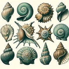 an image of seashells set on white background for use in graphic design or tattoo art