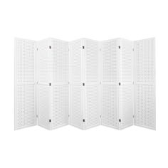 a white room divider with holes on the front and side panels, set against a white background