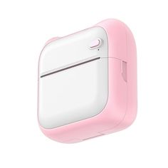 an apple airpods in pink and white with the back facing up to the camera