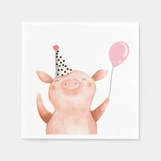 a pig with a party hat holding a balloon