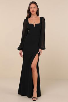 Composed Elegance Black Balloon Sleeve Mermaid Maxi Dress Black Dress Formal Sleeves, Black Cocktail Dress Long Sleeve, Black Event Dress, Black Long Sleeve Dress Formal, Winter Evening Gown, Black Formal Dress With Sleeves, Long Black Dress Plus Size, Maid Of Honor Dress Long, Black Long Sleeve Formal Dress