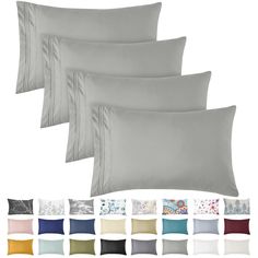 four pillow cases with different colors and designs on the front, one in grey, one in