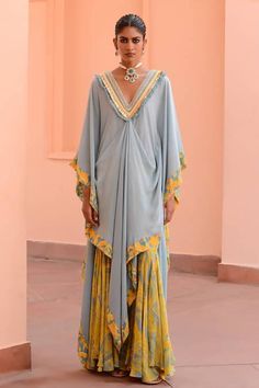 Buy Blue Crepe Printed And Embroidered Draped Kaftan & Flared Pant Set For Women by Rishi & Vibhuti Online at Aza Fashions. Kaftan Pattern, Layered Fringe, Kaftan For Women, Kaftan Style, Draped Skirt, Designer Dresses Casual, Stylish Dress Book, Indian Designer Outfits