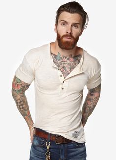 Levi Stocke - Sheehan & Co. Vintage Revival Drop Shoulder Henley Levi Stocke, Man With Tattoos, Long Sleeve Henley Men, Americana Vintage, Women's Henley, Short Beard, Bearded Man, Mens Henley, Moustaches