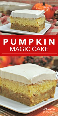 two slices of pumpkin magic cake on plates