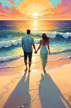 a man and woman are walking on the beach holding hands as the sun sets behind them