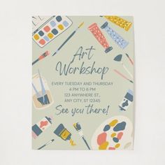 an art workshop birthday party card with paint and brushes on the front, in pastel green