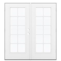 a white double door with glass panels