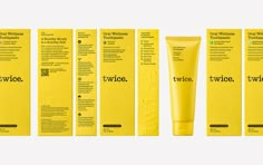 the packaging is yellow and contains several different types of toothpaste