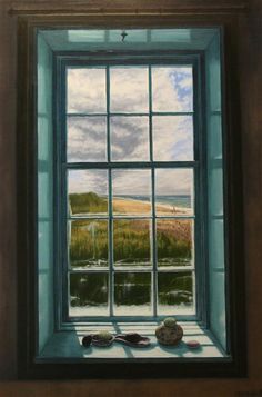 a painting of a window with the sky reflected in it