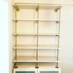 a white book shelf with gold handles and shelves on each side, against a wall