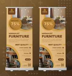 two roll up banners for furniture store with brown and yellow colors on the front, side and back