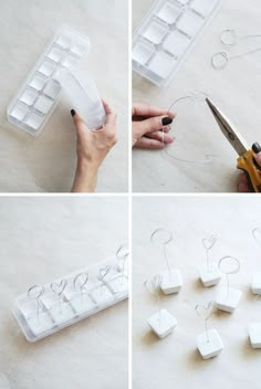 the process of making earrings is shown with plastic trays and pliers to make them look like they are being cut