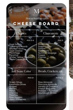 the cheese board is full of different types of cheeses and olives, along with an assortment of other foods