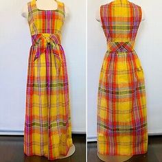 Vintage SWIRL Concept 70s Yellow Madras Plaid Maxi Gown Long Column Dress | eBay Maxi Dress 70s, 70’s Fashion, Column Design, Dress 70s, Madras Plaid, Vintage Summer Dresses, Maxi Gown, Column Dress, 70s Dress