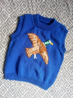 a blue sweater with an eagle embroidered on the front and back, sitting on a bed