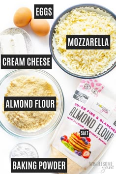 ingredients to make an egg muffin recipe including flour, cream cheese and almond flour