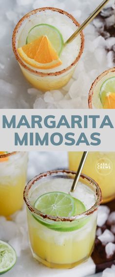 margarita mimos with limes and orange slices on the rim, garnished with sugar