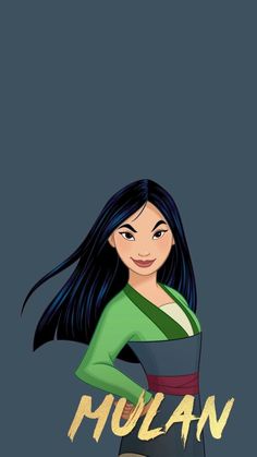 an animated girl with long black hair and green shirt, standing in front of the word mulan