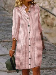 Casual Striped Shirt, Shirt Collar Pattern, Summer Shift Dress, Three Quarter Sleeve Dresses, Striped Shirt Women, Look Casual Chic, Button Down Shirt Dress, Cotton Linen Dresses, Striped Shirt Dress