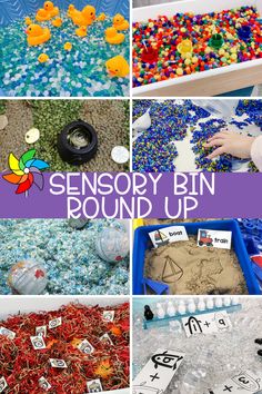 various activities for children to play with in the water and on the ground, including sorting materials