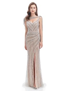 Made from a stretch jacket product, the fitted shape showcases a side front slit and also shoelace up open back. Champagne Prom Dress Mermaid, Party Dress Gold, Prom Dress With Split, Dress With Split, Mermaid Prom Dress, Sequin Evening Dresses, Formal Party Dress, Luxury Style, Mermaid Dress