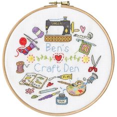 a cross stitch pattern with the words ben's craft den written in cursive writing