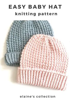 two knitted hats with the words easy baby hat knitting pattern on top of them