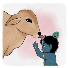 a small child touches the nose of a cow's head with its tongue, which is decorated with feathers