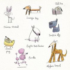 an illustrated drawing of dogs and their names