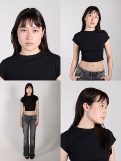 four different pictures of a woman in black shirt and jeans with her hands on her hips