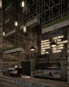 the interior of a restaurant with lights hanging from the ceiling and wooden counter tops on both sides