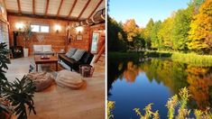 two pictures side by side one shows a lake and the other shows a living room