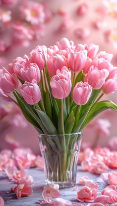 pink tulips are in a vase on a table with petals scattered around it