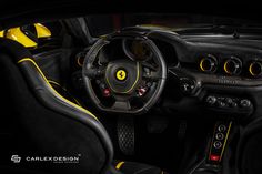 the interior of a sports car with yellow and black accents