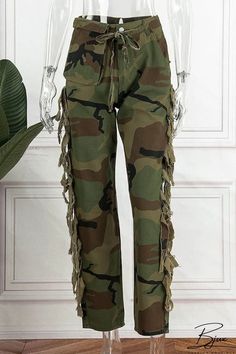 Bjux - Camuflaje Casual Calle Camuflaje Estampado Borla Patchwork Recto Cintura Alta Recto Total Estampado Pantalones Straight Fit Pants, Straight Leg Trousers, Casual Street Style, Olivia Mark, Straight Leg Pants, High Waisted Pants