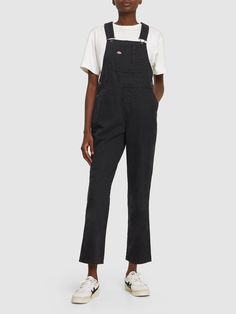 Adjustable shoulder straps with button closure. Side button closures. One front pocket. Two side pockets. Two back patch pockets. Model is wearing a sizeS Dickies Overalls, Red Overalls, Canvas Pants, Dickies Women, Black Overalls, Duck Canvas, Back Patch, Flat Espadrilles, Jeans Jumpsuit