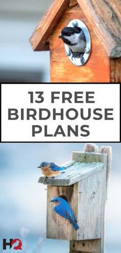 three birdhouses with the words 13 free birdhouse plans on top and below them