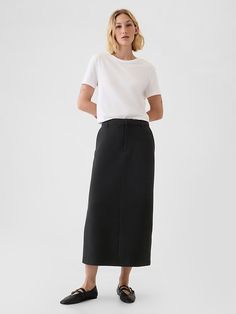 Pencil Midi Skirt Black Suede Midi Skirt, Midi Skirt Mary Janes, Midi Skirt For Petite Women, Capsule Wardrobe Skirts And Dresses Only, Pencil Skirt Outfits Winter, Black Pencil Skirt Outfit, Gather Skirt, Long Black Pencil Skirt, Corporate Girlie